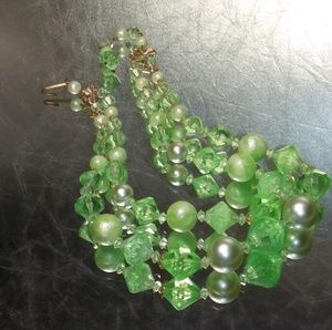 Green Multi Strand Beaded Necklace Vintage 50s 60s